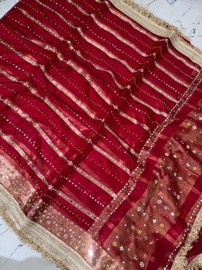Banarasi Soft Kora Silk Saree With Mirror And Pearl Work
