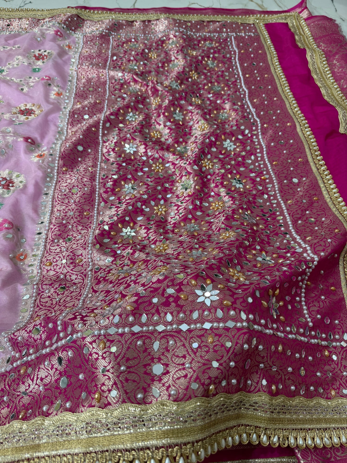 Banarasi Soft Georgette Silk Saree With Mirror And Pearl Work