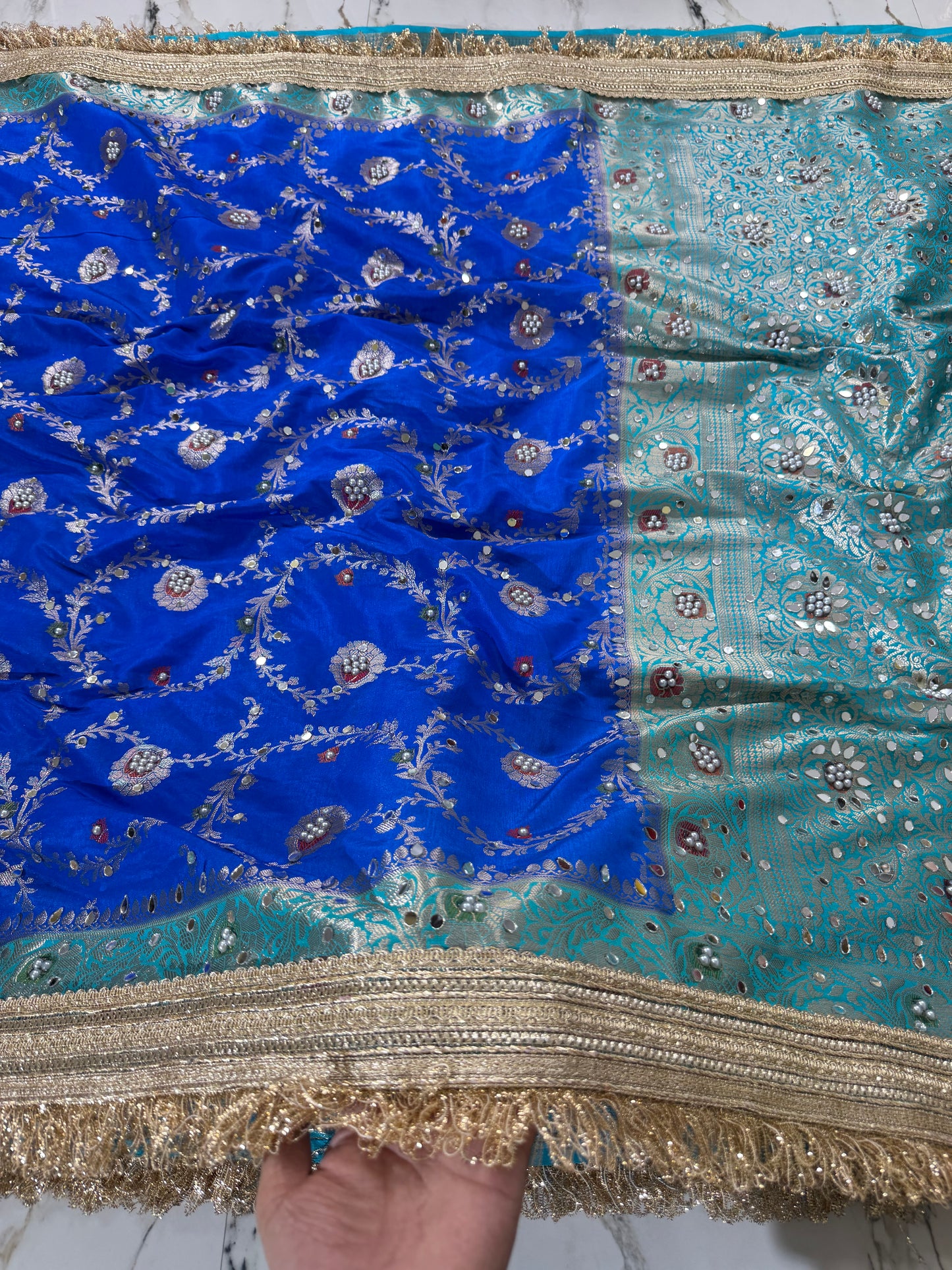 Banarasi Soft Semi Georgette Silk Saree With Mirror And Pearl Work