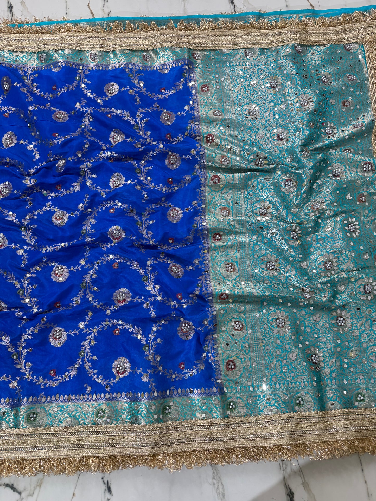 Banarasi Soft Semi Georgette Silk Saree With Mirror And Pearl Work