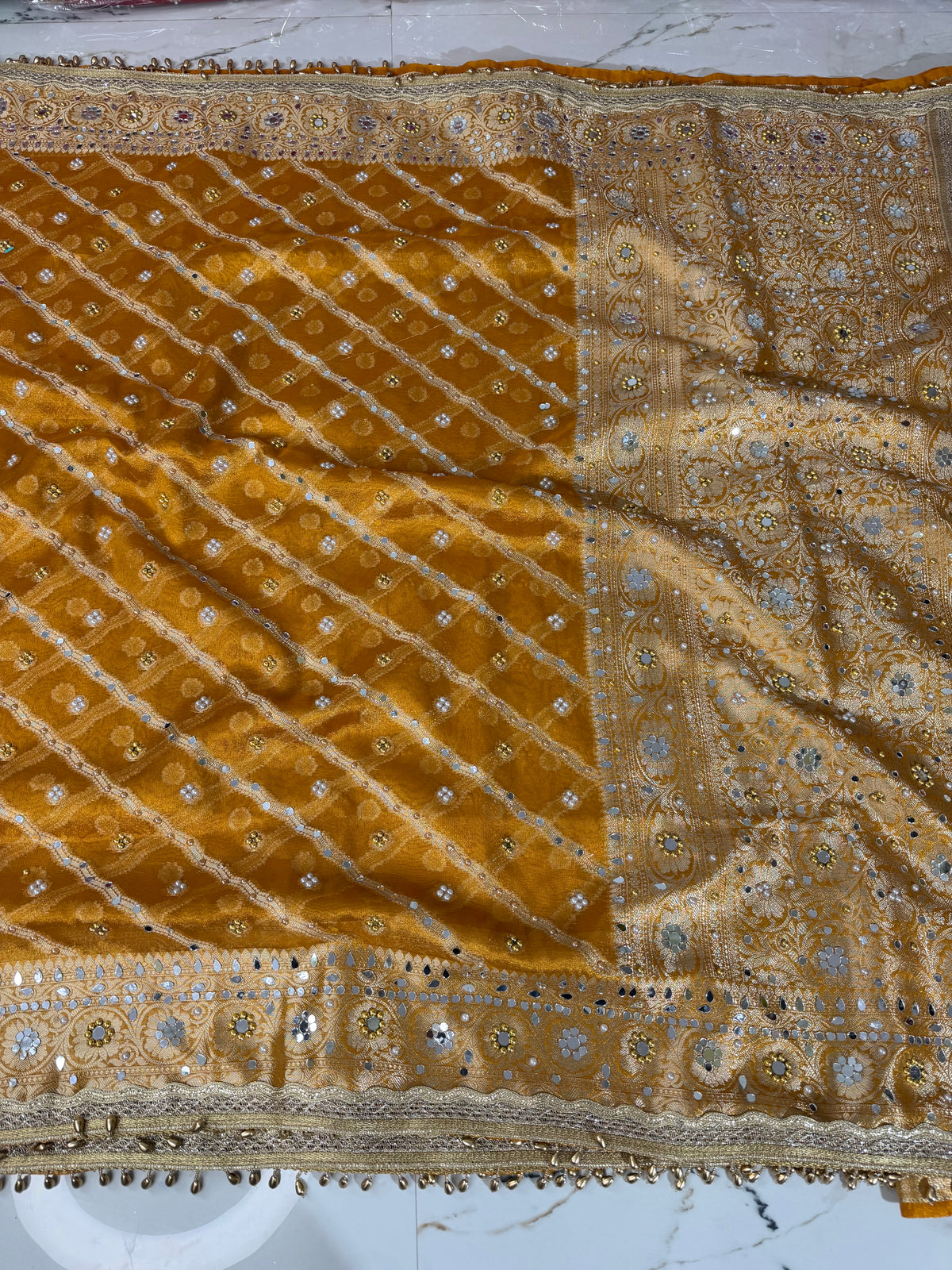 Banarasi Soft Tissue Silk Saree With Mirror And Pearl Work