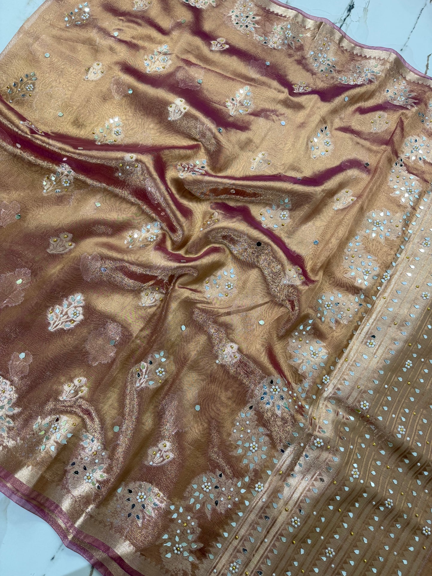 Banarasi Soft Tissue Silk Saree With Mirror And Pearl Work