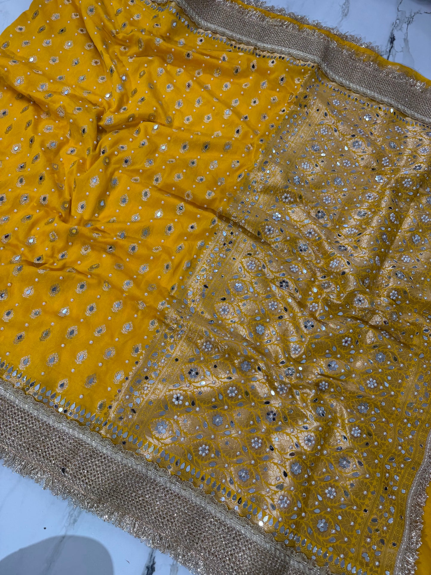 Banarasi Soft Georgette Silk Saree With Mirror And Pearl Work