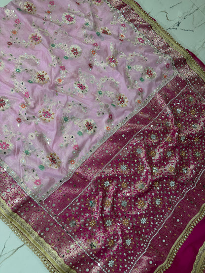 Banarasi Soft Georgette Silk Saree With Mirror And Pearl Work