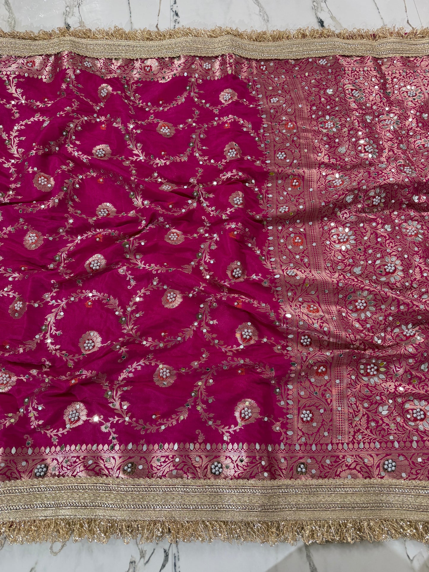 Banarasi Soft Semi Georgette Silk Saree With Mirror And Pearl Work
