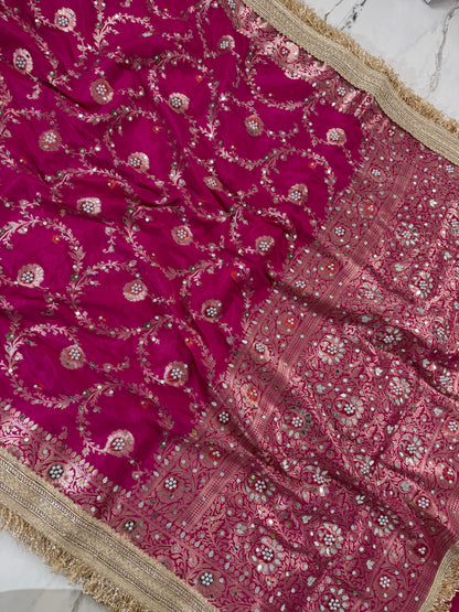 Banarasi Soft Semi Georgette Silk Saree With Mirror And Pearl Work