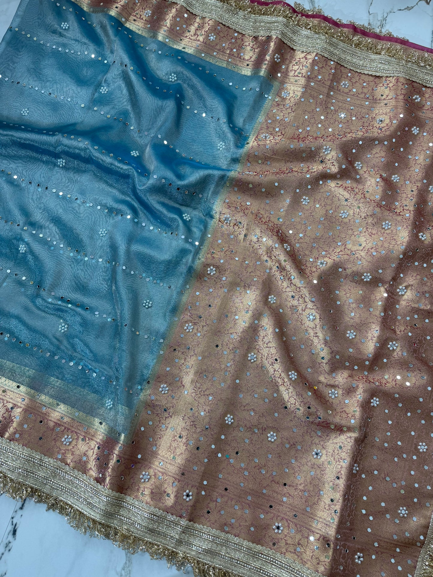 Banarasi Soft Tissue Silk Saree With Mirror And Pearl Work