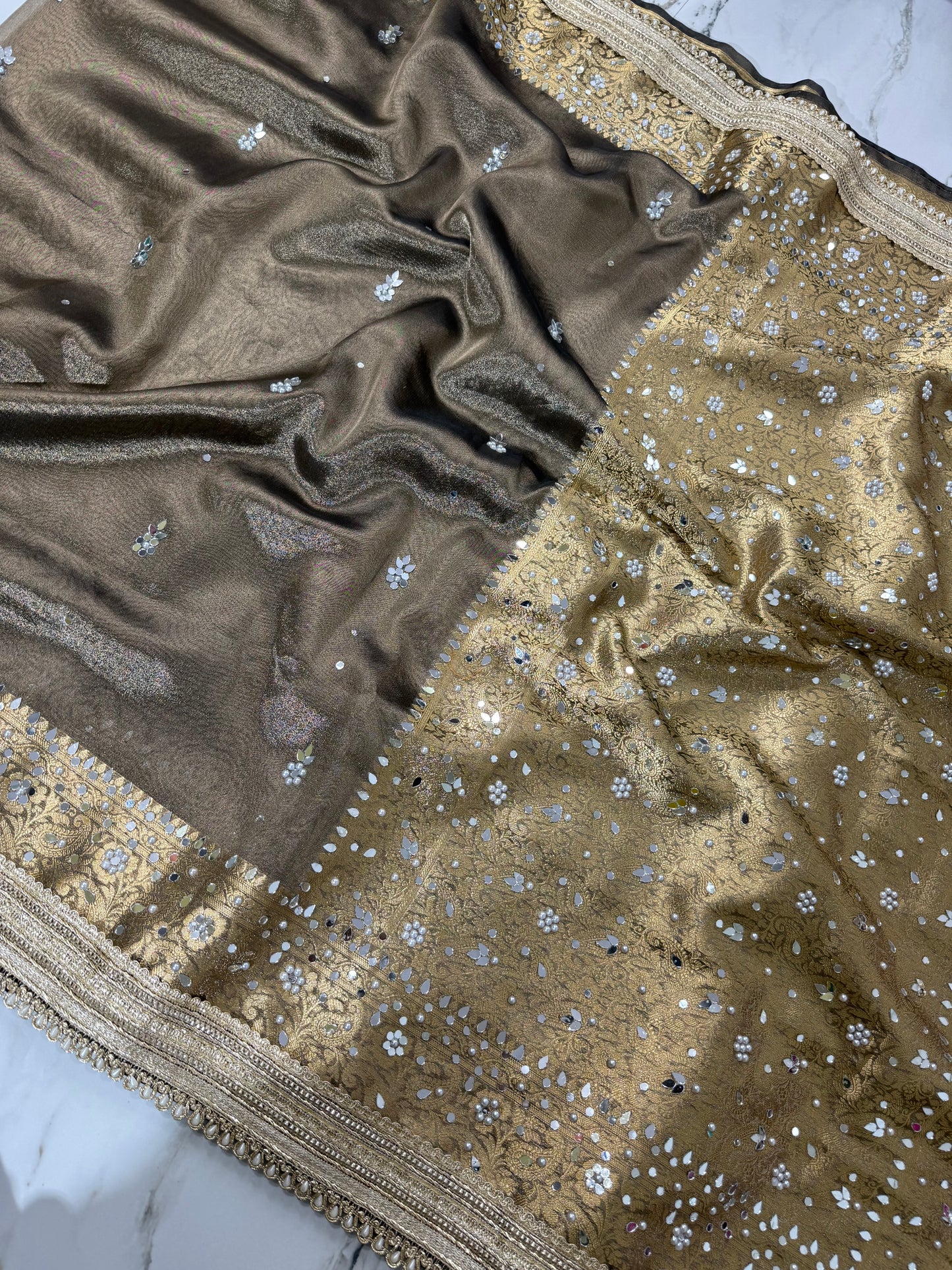 Banarasi Soft Tissue Silk Saree With Mirror And Pearl Work