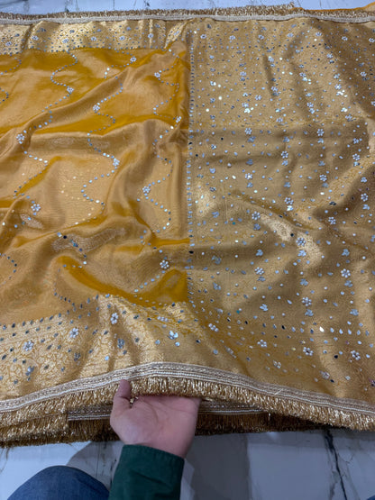 Banarasi Soft Tissue Silk Saree With Mirror And Pearl Work