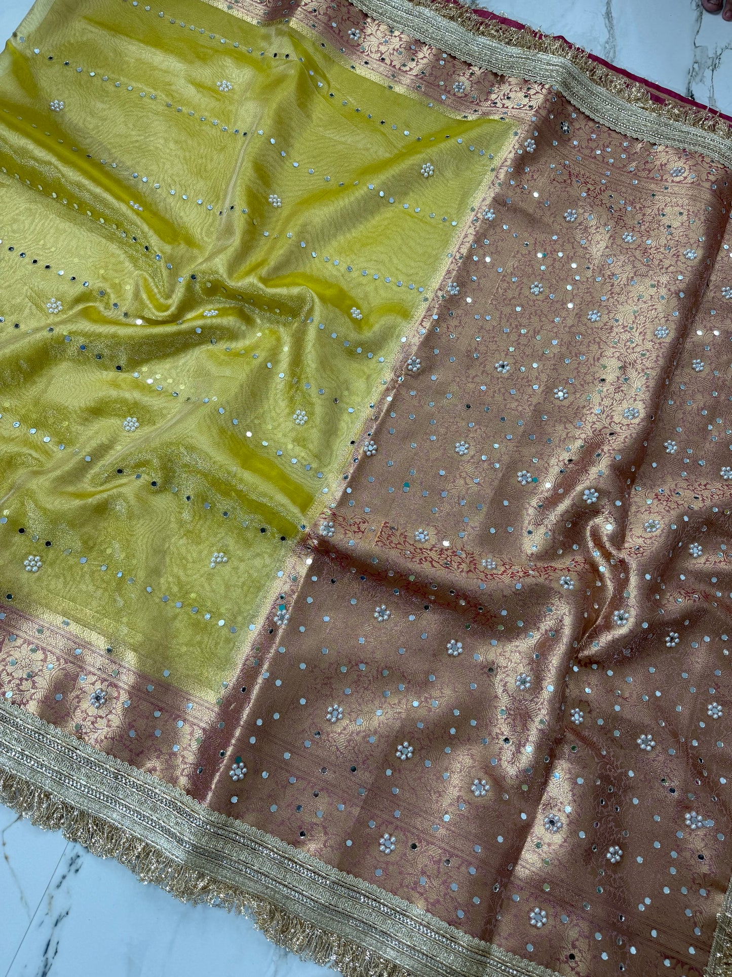 Banarasi Soft Tissue Silk Saree With Mirror And Pearl Work