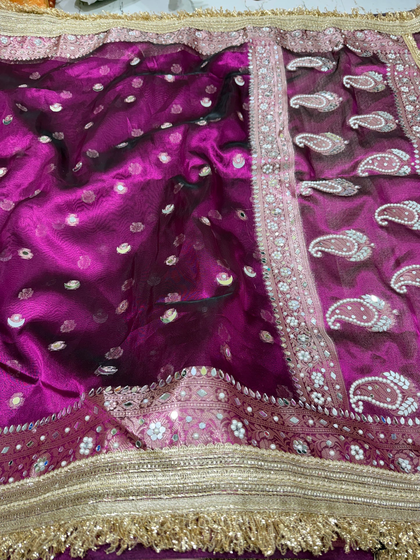 Banarasi Tissue Silk Saree With Mirror And Pearl Work