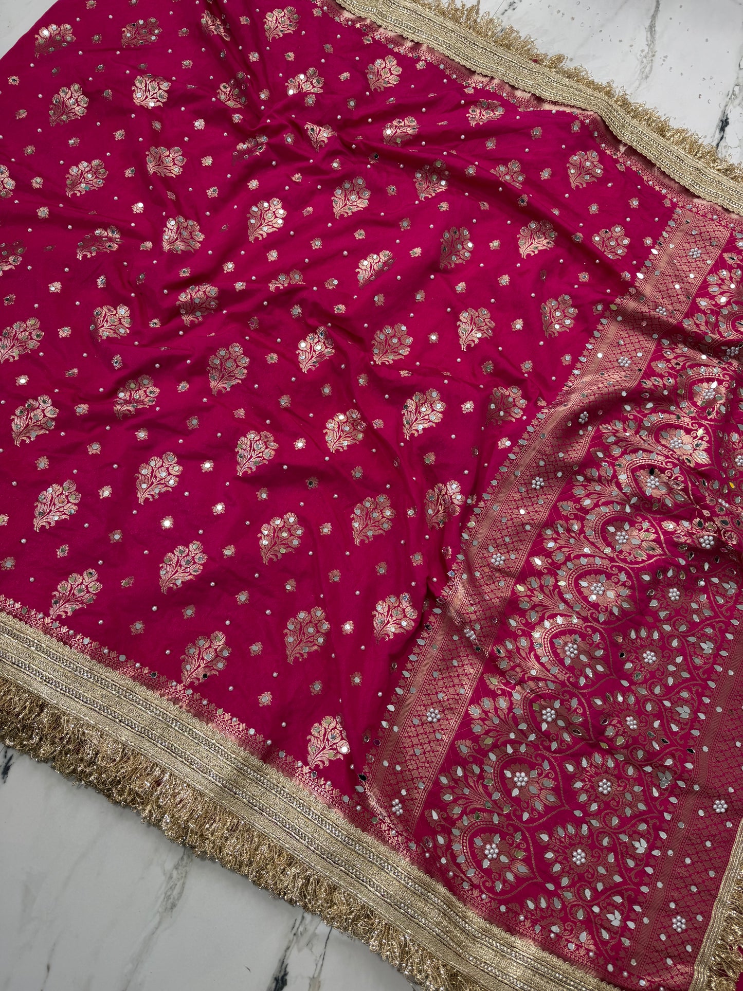 Banarasi Soft Warm Silk Saree With Mirror And Pearl Work