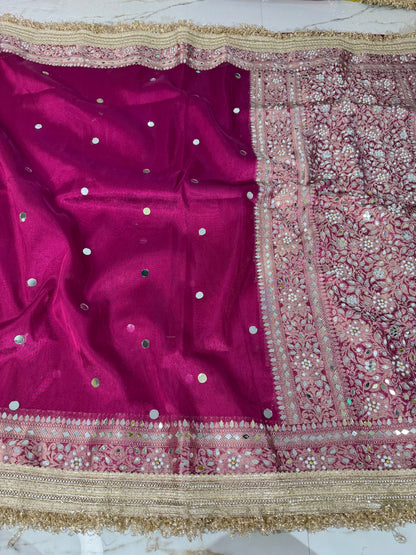 Banarasi Soft Tissue Silk Saree With Mirror And Pearl Work