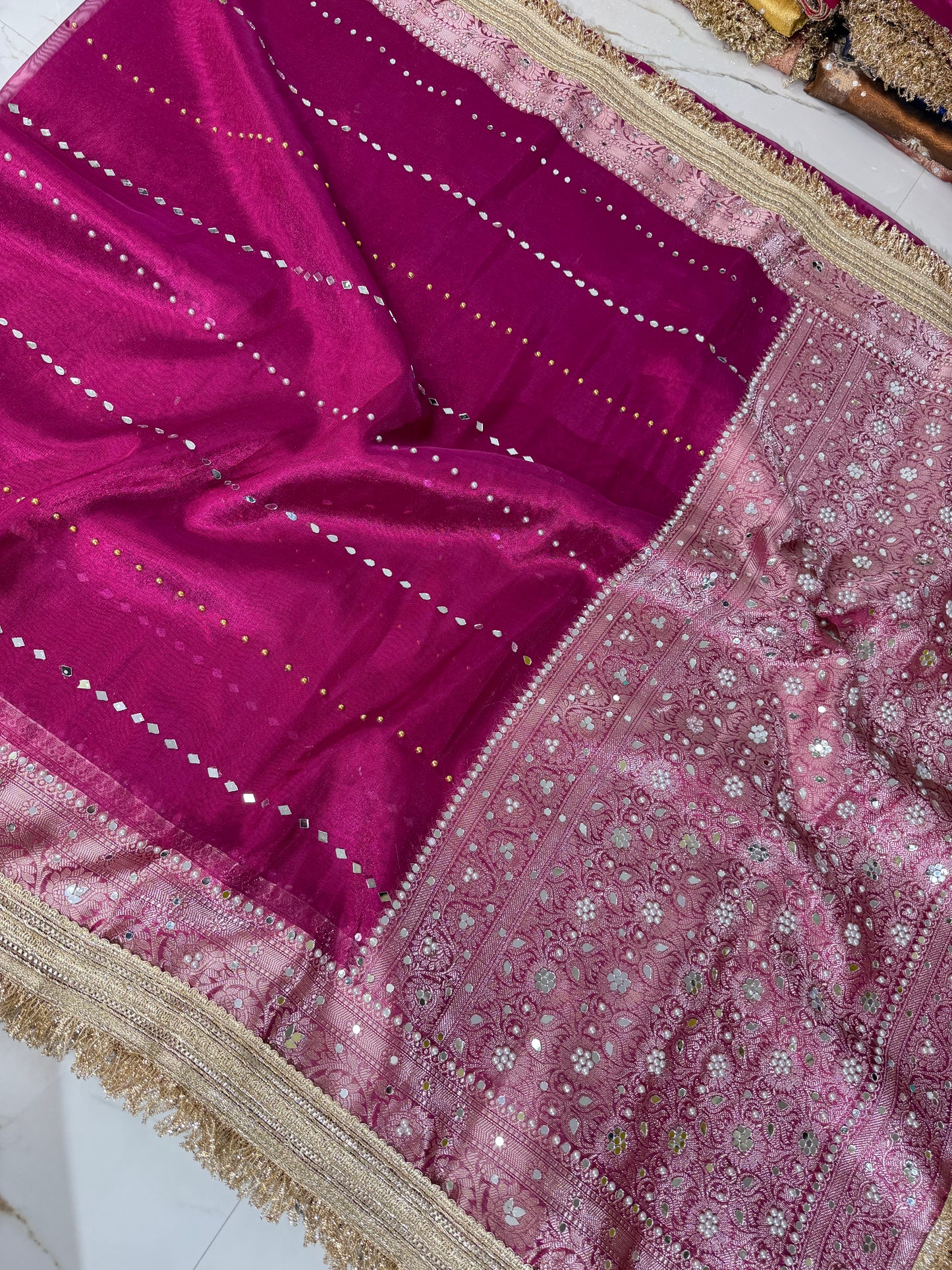 Banarasi Soft Tissue Silk Saree With Mirror And Pearl Work