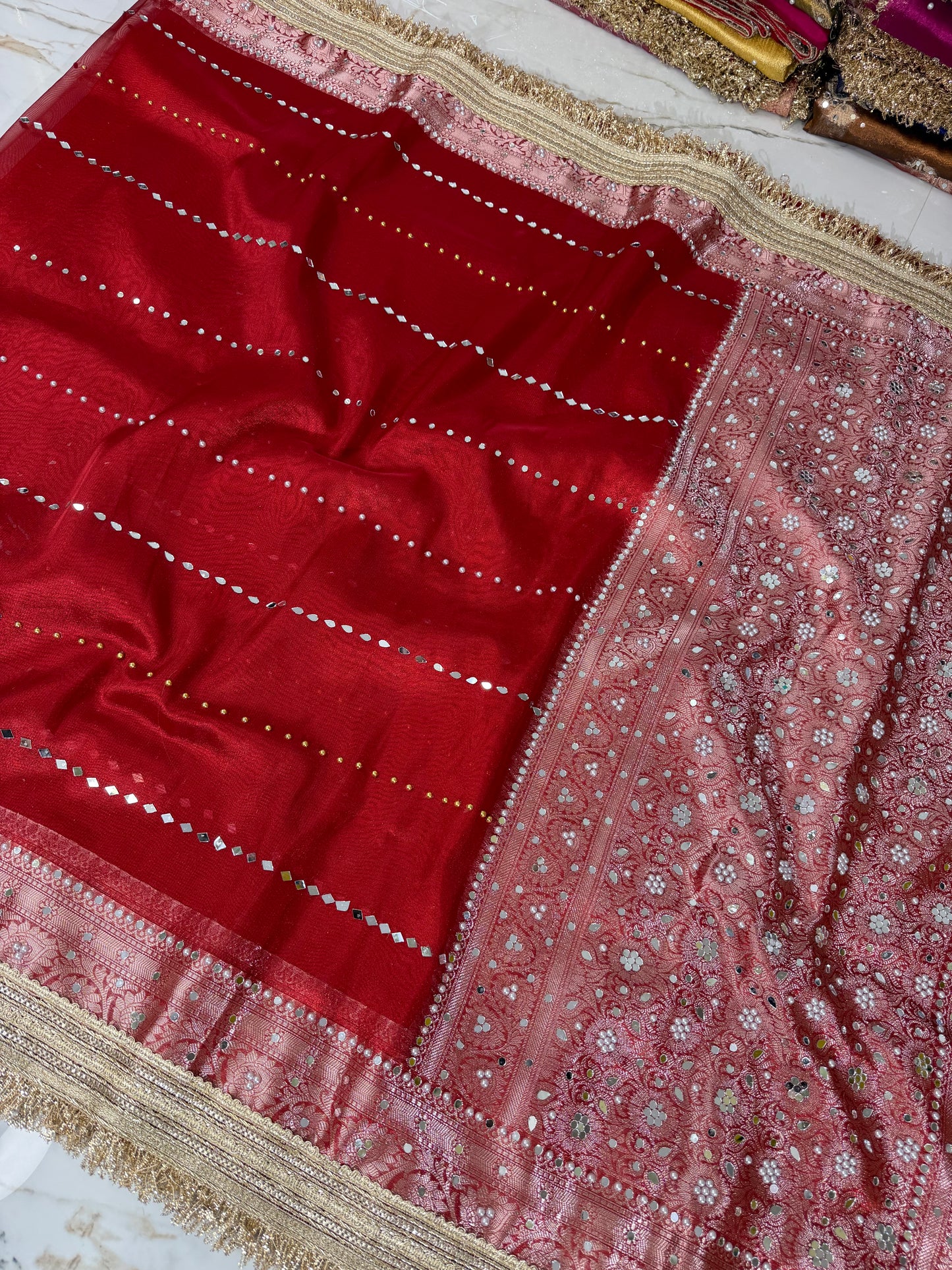 Banarasi Soft Tissue Silk Saree With Mirror And Pearl Work
