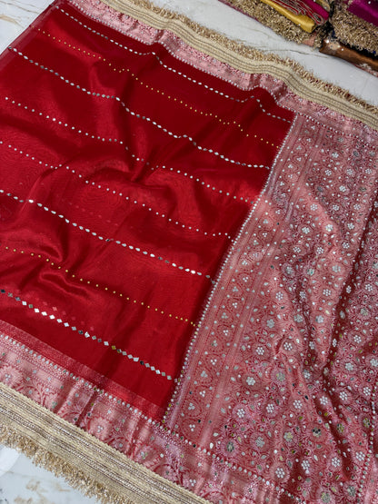 Banarasi Soft Tissue Silk Saree With Mirror And Pearl Work
