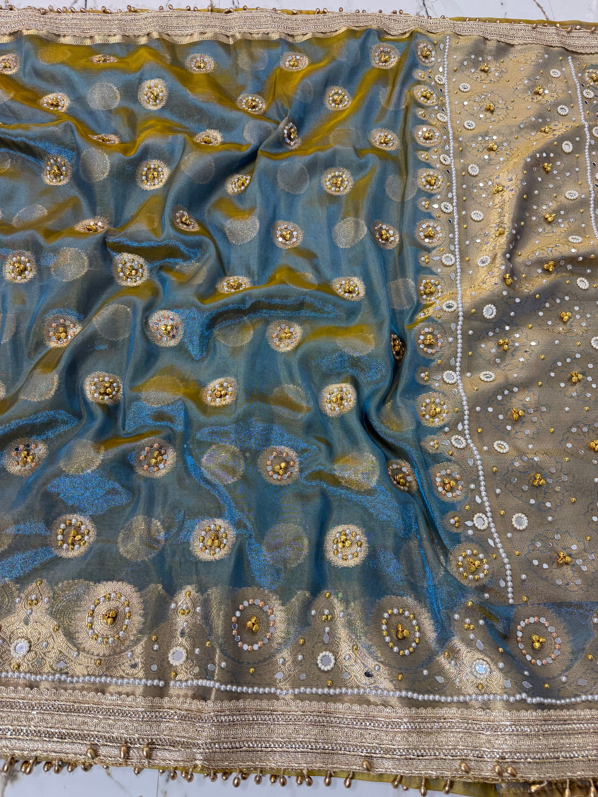 Banarasi Soft Tissue Silk Saree With Mirror And Ghunghroo Work
