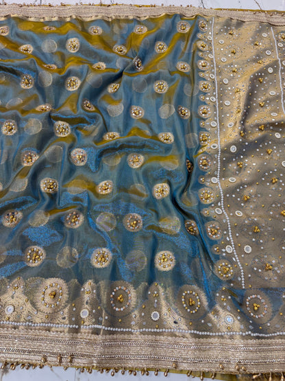 Banarasi Soft Tissue Silk Saree With Mirror And Ghunghroo Work