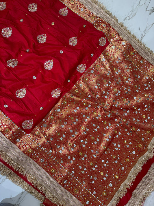 Banarasi Soft Warm Silk Saree With Mirror And Pearl Work