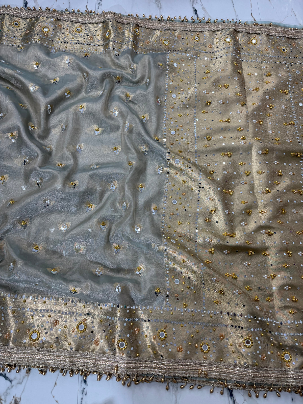 Banarasi Soft Tissue Silk Saree With Mirror And Ghunghroo Work