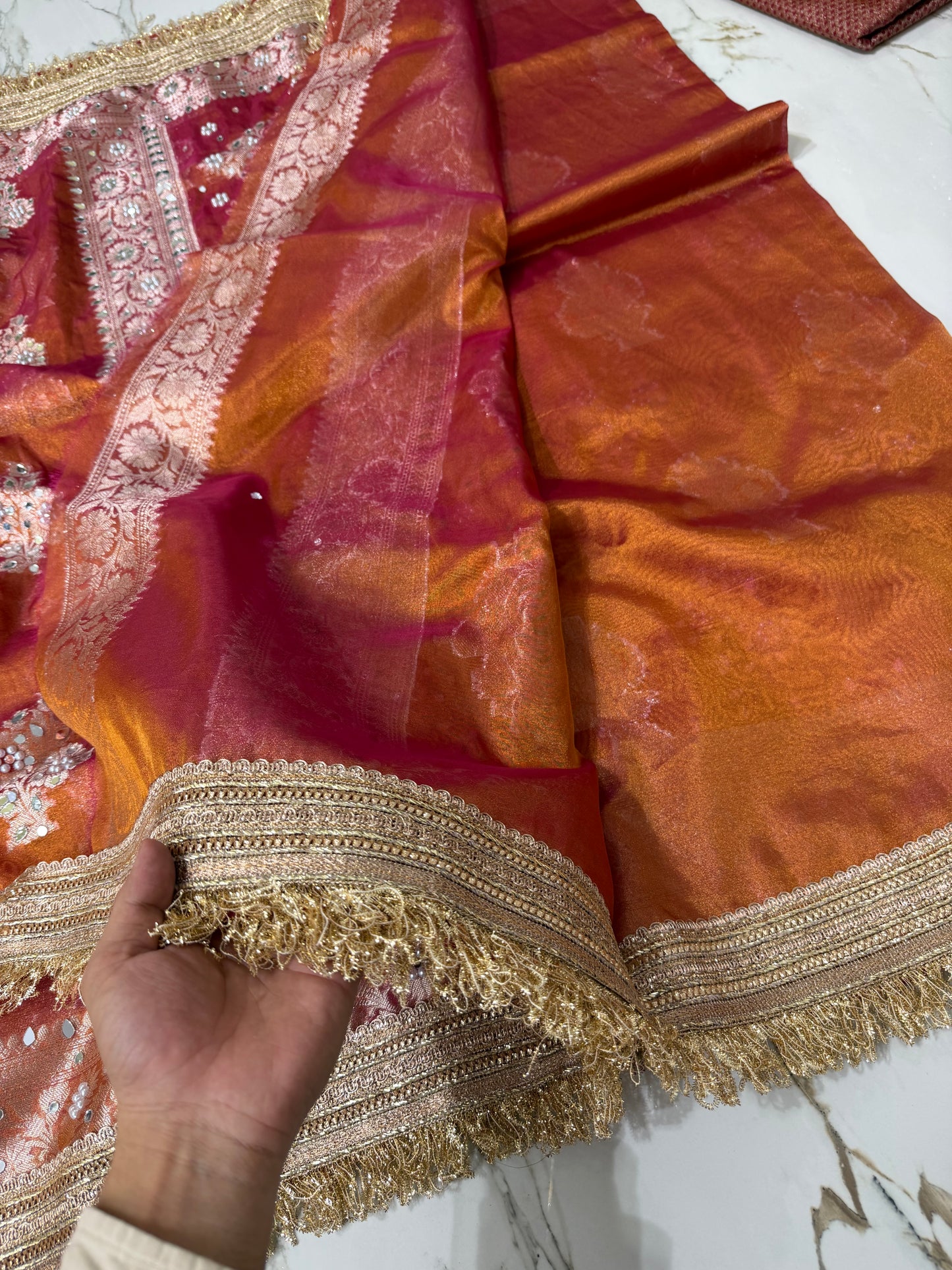 Banarasi Soft Tissue Silk Saree With Mirror And Pearl Work