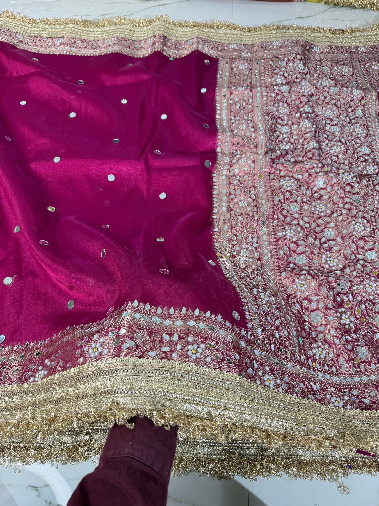 Banarasi Soft Tissue Silk Saree With Mirror And Pearl Work