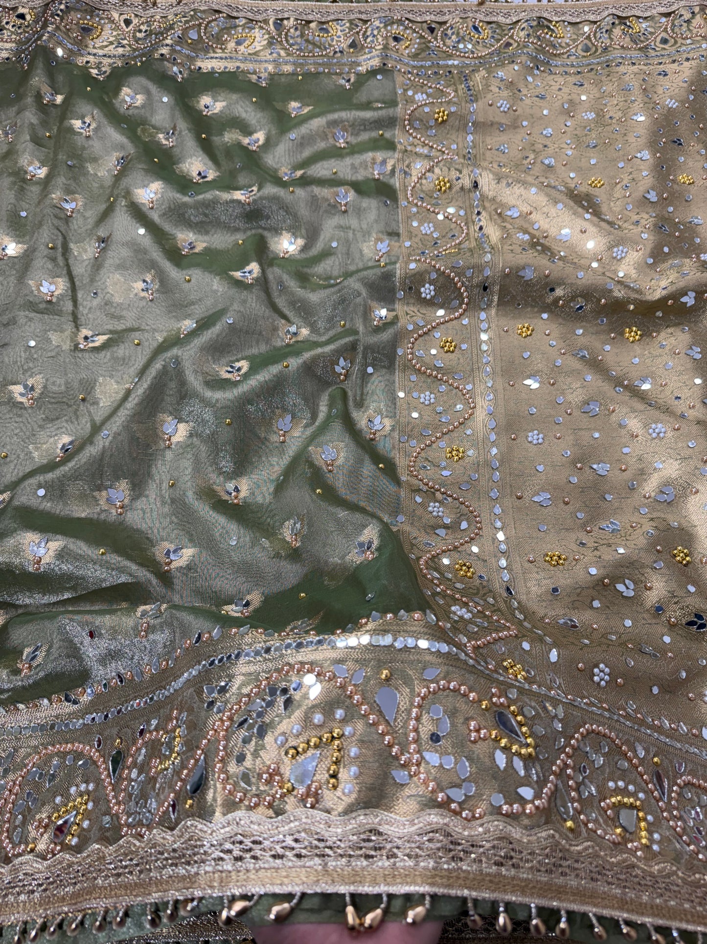 Banarasi Soft Tissue Silk Saree With Mirror And Pearl Work