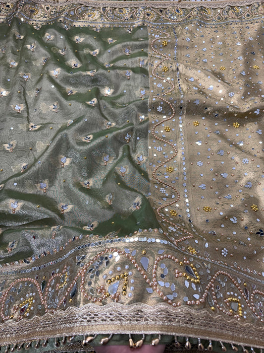 Banarasi Soft Tissue Silk Saree With Mirror And Pearl Work