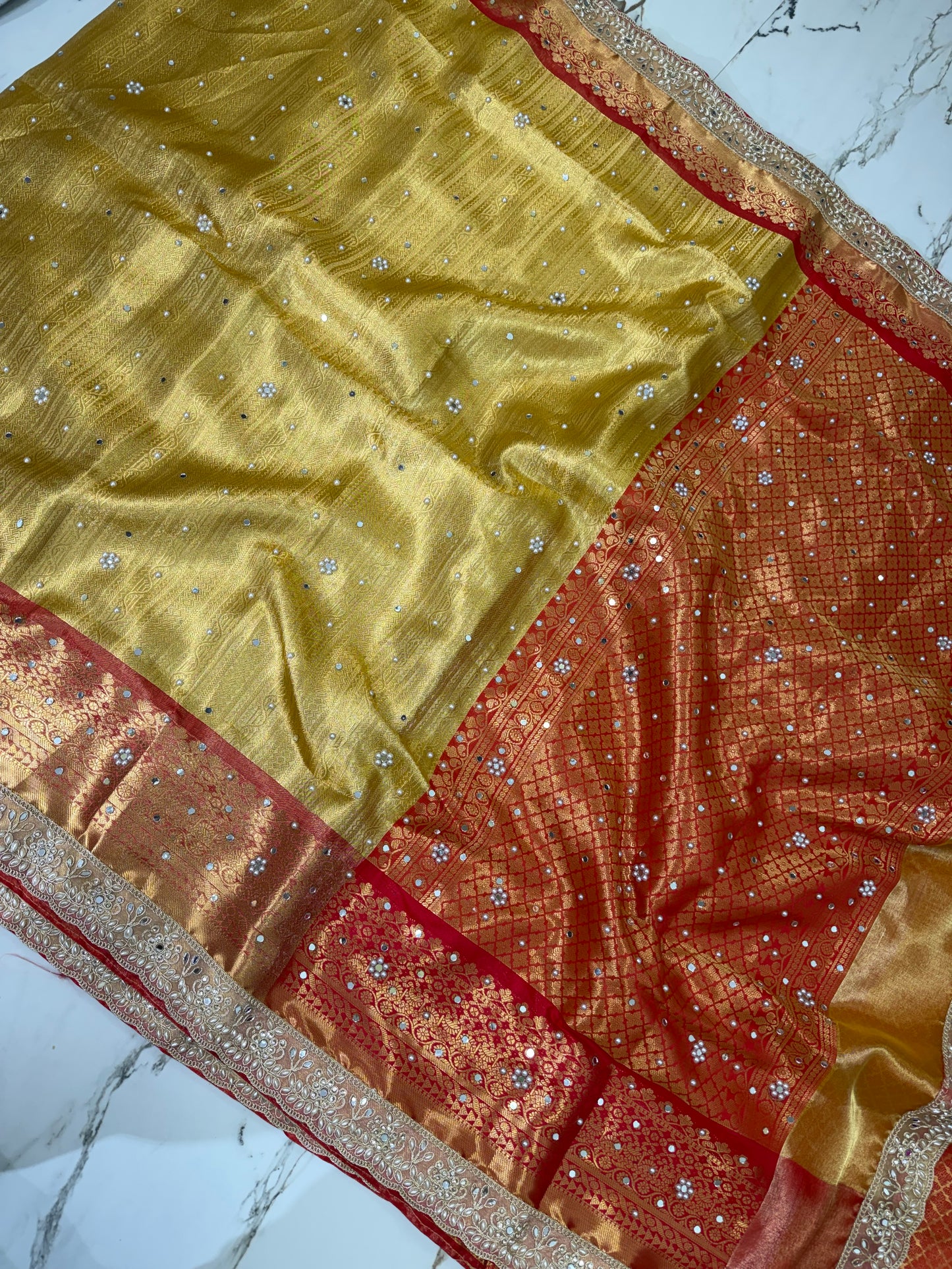 Banarasi Soft Tissue Silk Saree With Mirror And Pearl Work