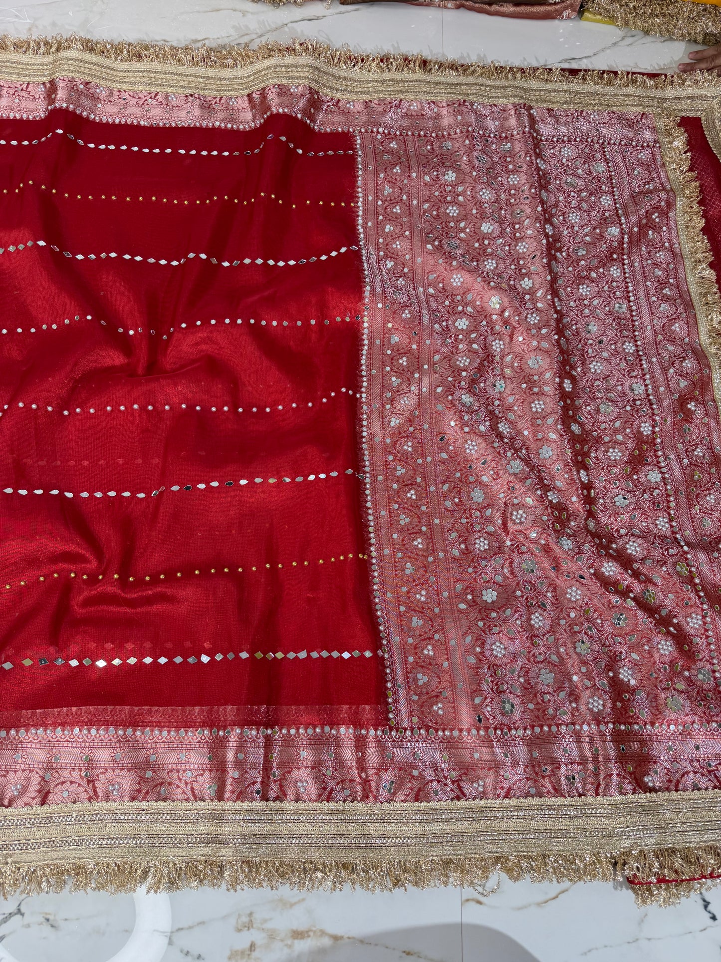 Banarasi Soft Tissue Silk Saree With Mirror And Pearl Work