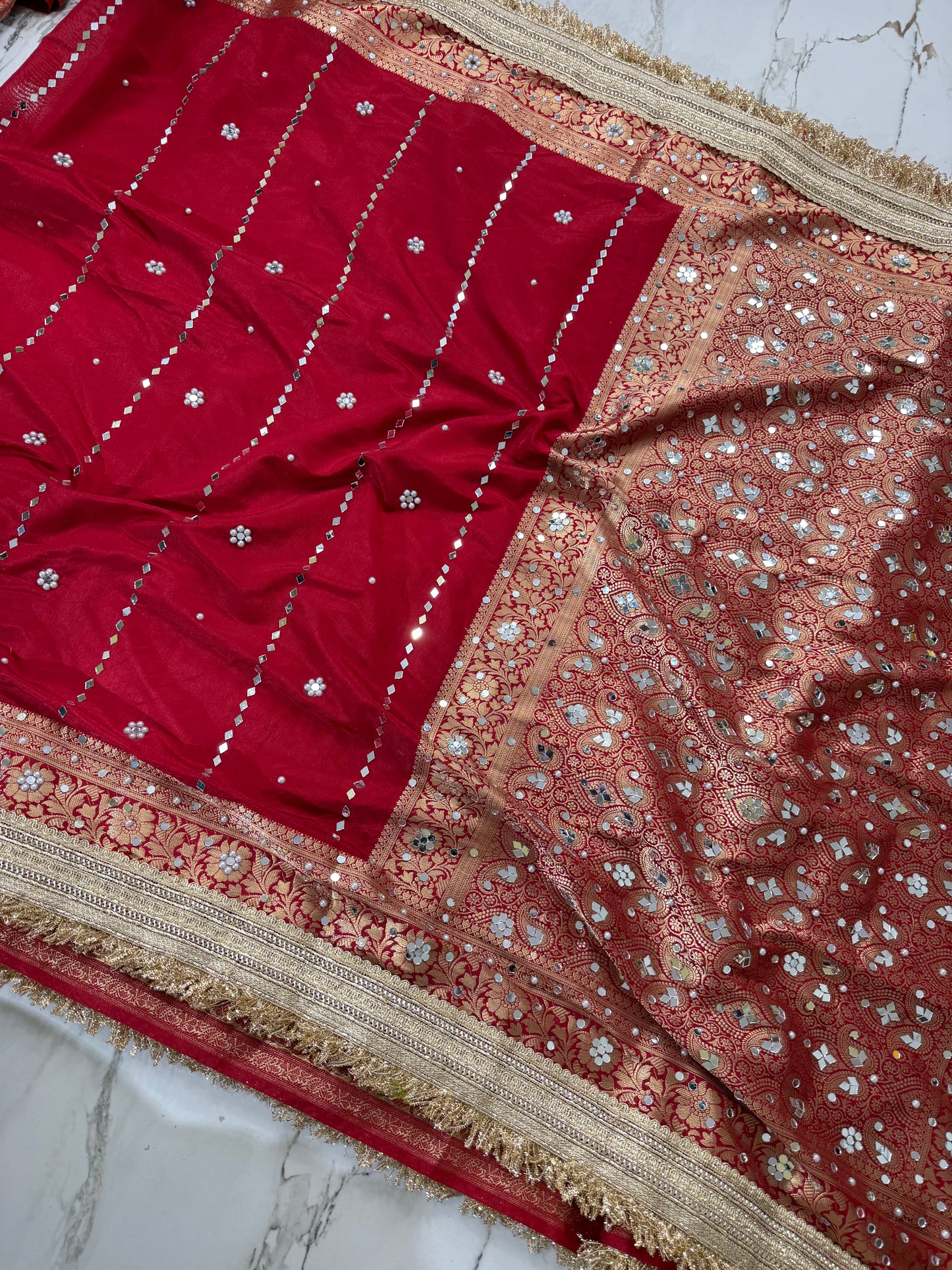 Banarasi Soft Warm Silk Saree With Mirror And Pearl Work