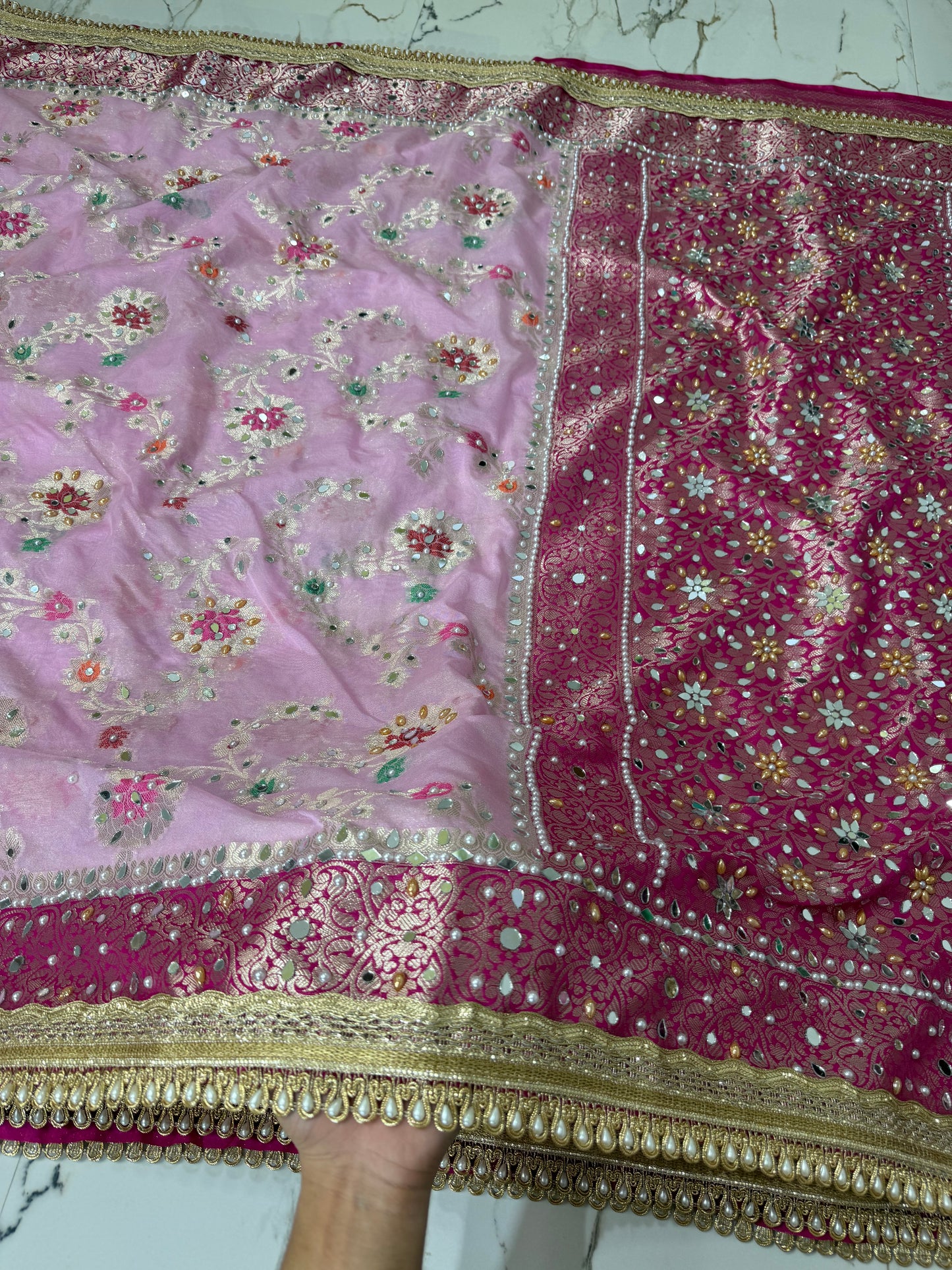Banarasi Soft Georgette Silk Saree With Mirror And Pearl Work