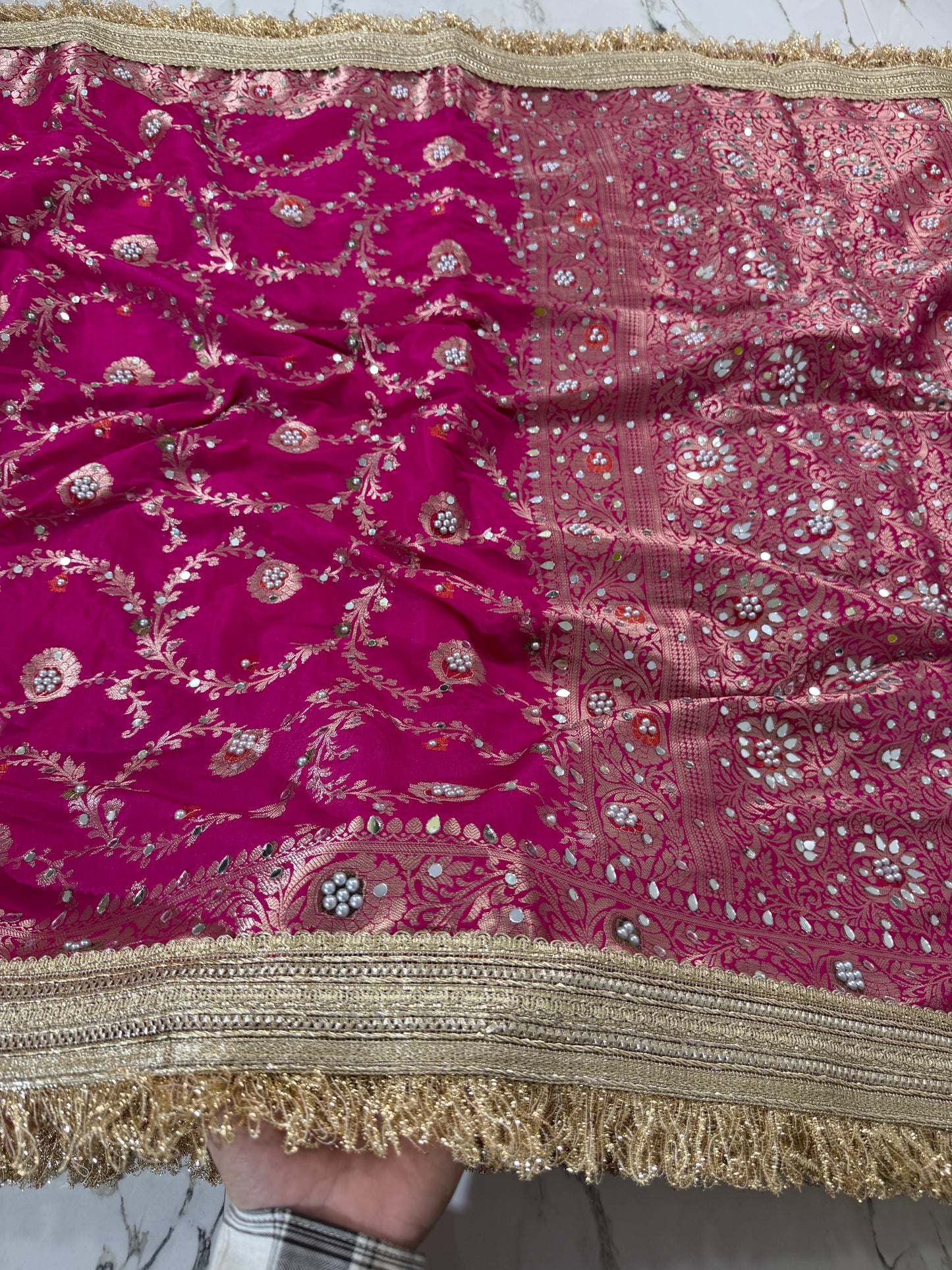 Banarasi Soft Semi Georgette Silk Saree With Mirror And Pearl Work
