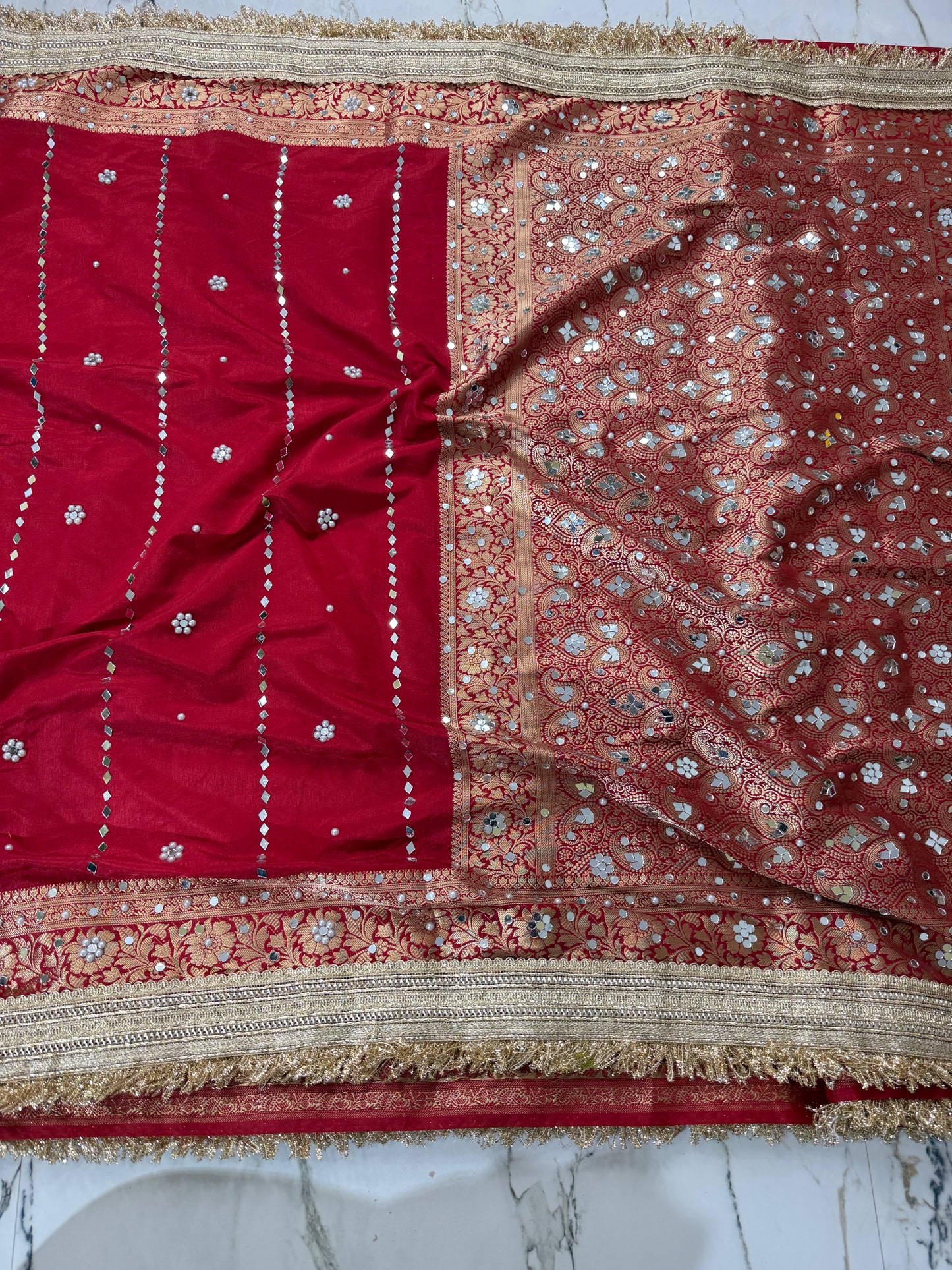 Banarasi Soft Warm Silk Saree With Mirror And Pearl Work