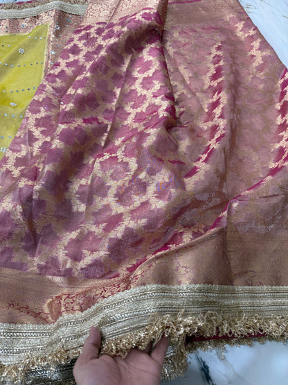 Banarasi Soft Tissue Silk Saree With Mirror And Pearl Work