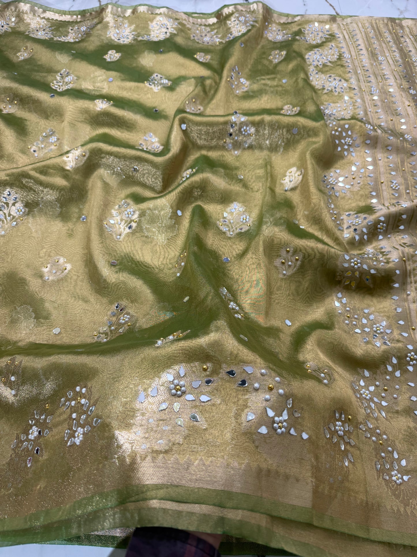 Banarasi Soft Tissue Silk Saree With Mirror And Pearl Work