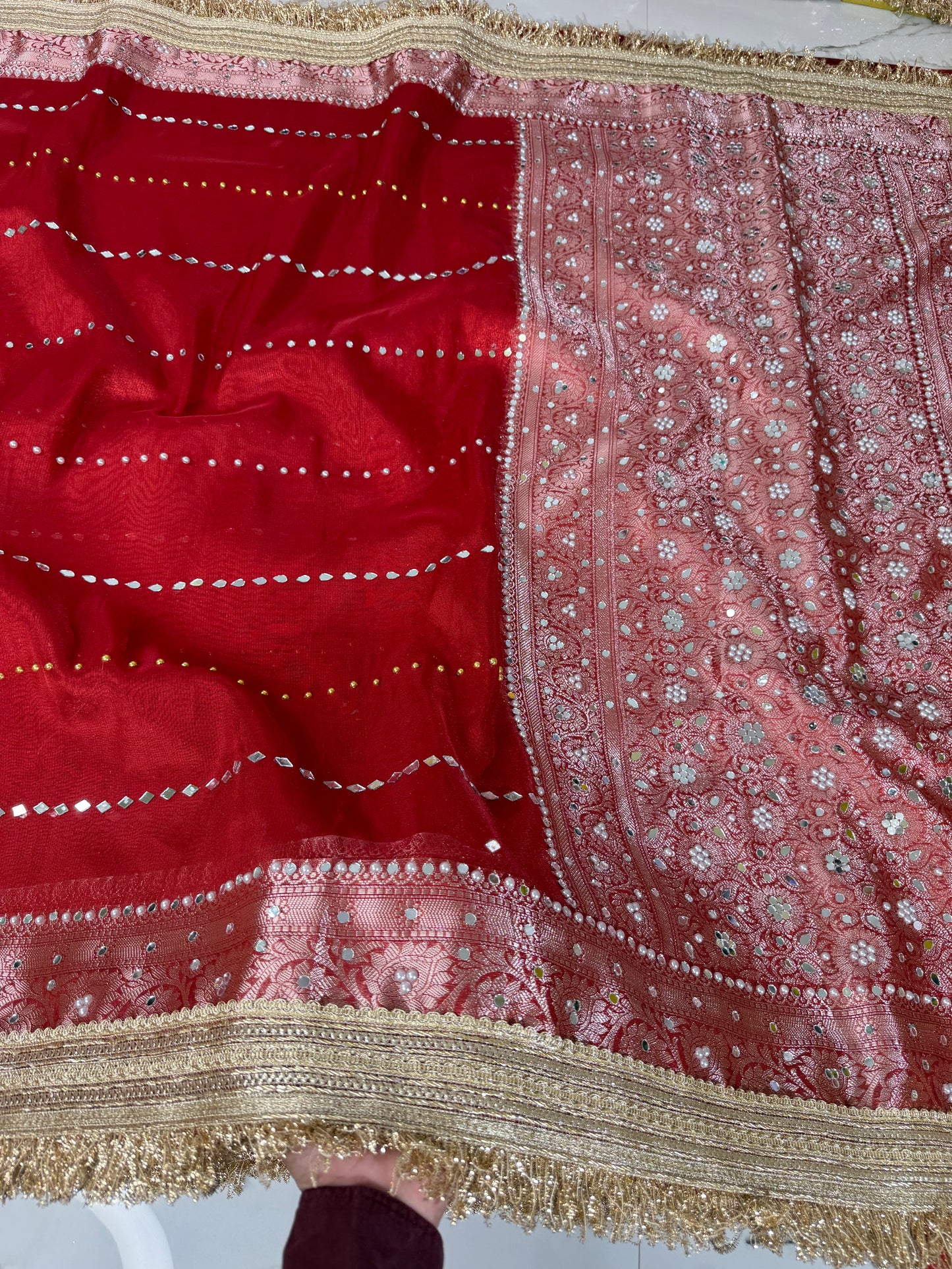 Banarasi Soft Tissue Silk Saree With Mirror And Pearl Work