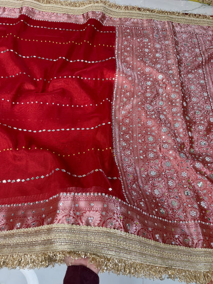 Banarasi Soft Tissue Silk Saree With Mirror And Pearl Work