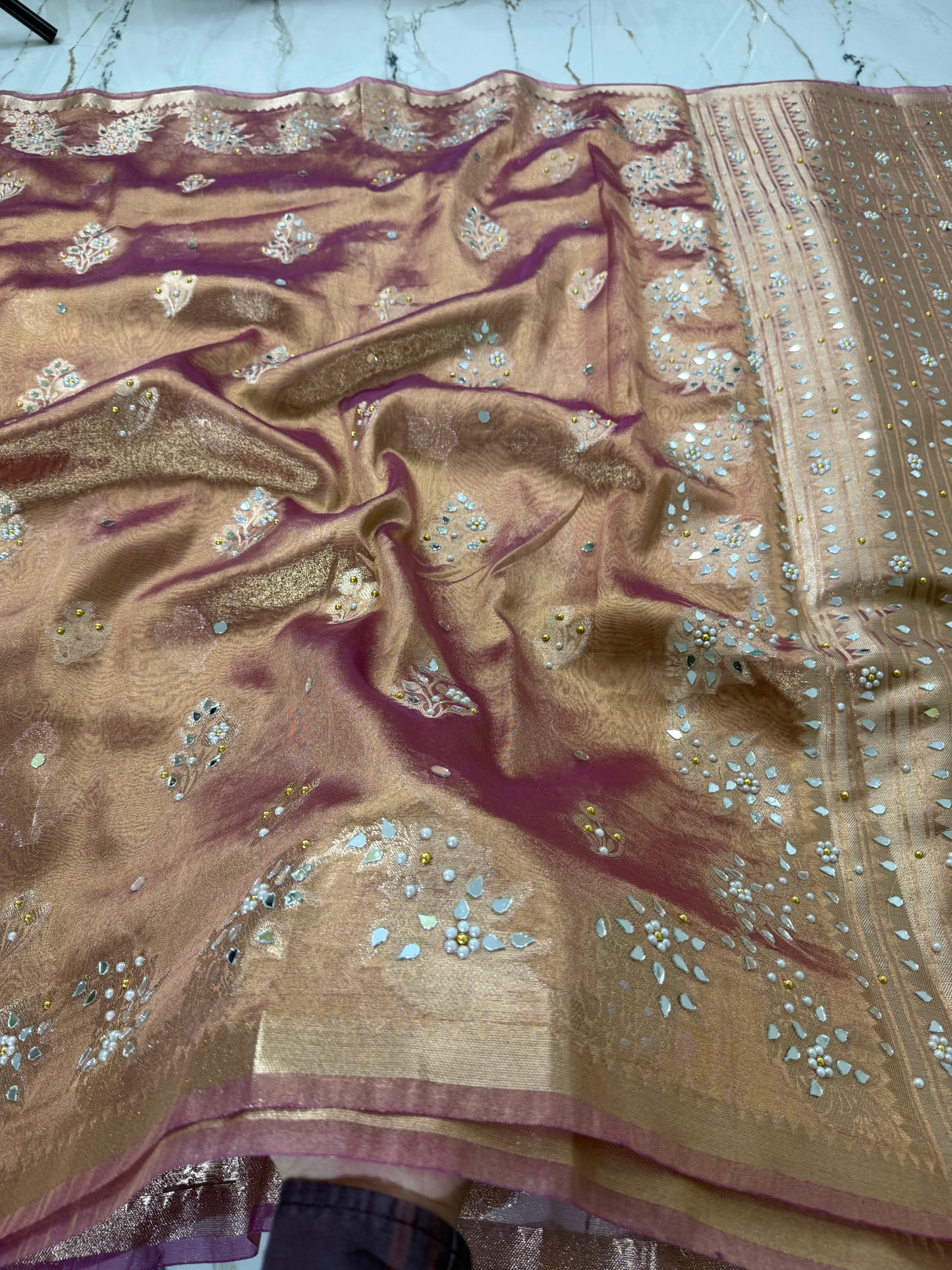 Banarasi Soft Tissue Silk Saree With Mirror And Pearl Work