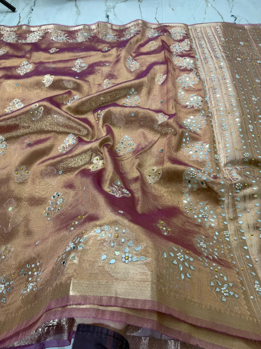 Banarasi Soft Tissue Silk Saree With Mirror And Pearl Work