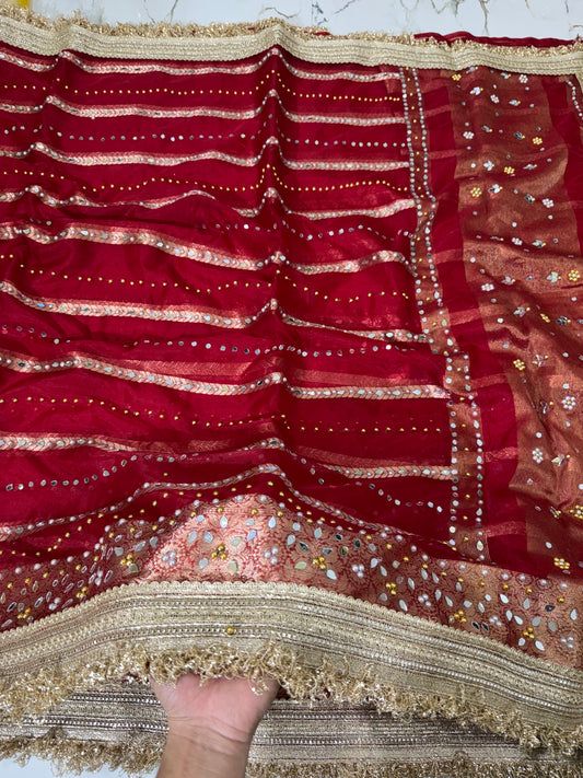 Banarasi Soft Kora Silk Saree With Mirror And Pearl Work