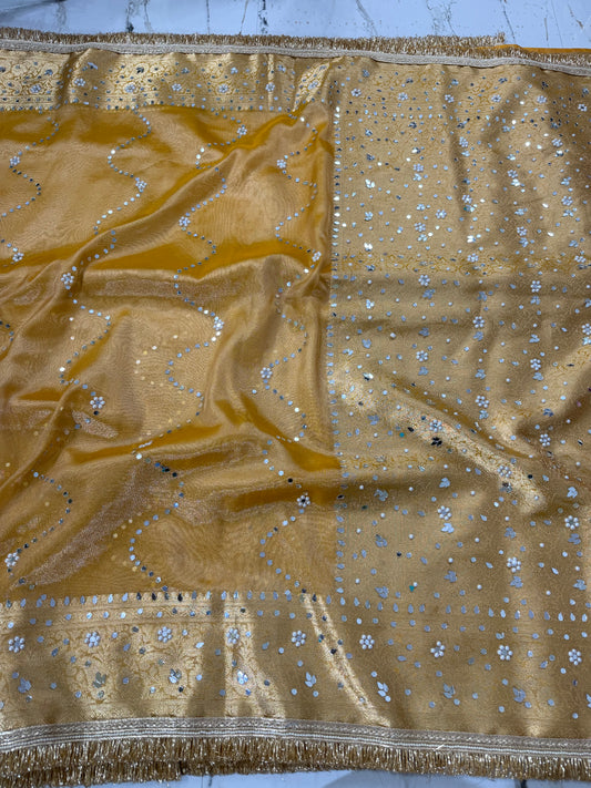 Banarasi Soft Tissue Silk Saree With Mirror And Pearl Work