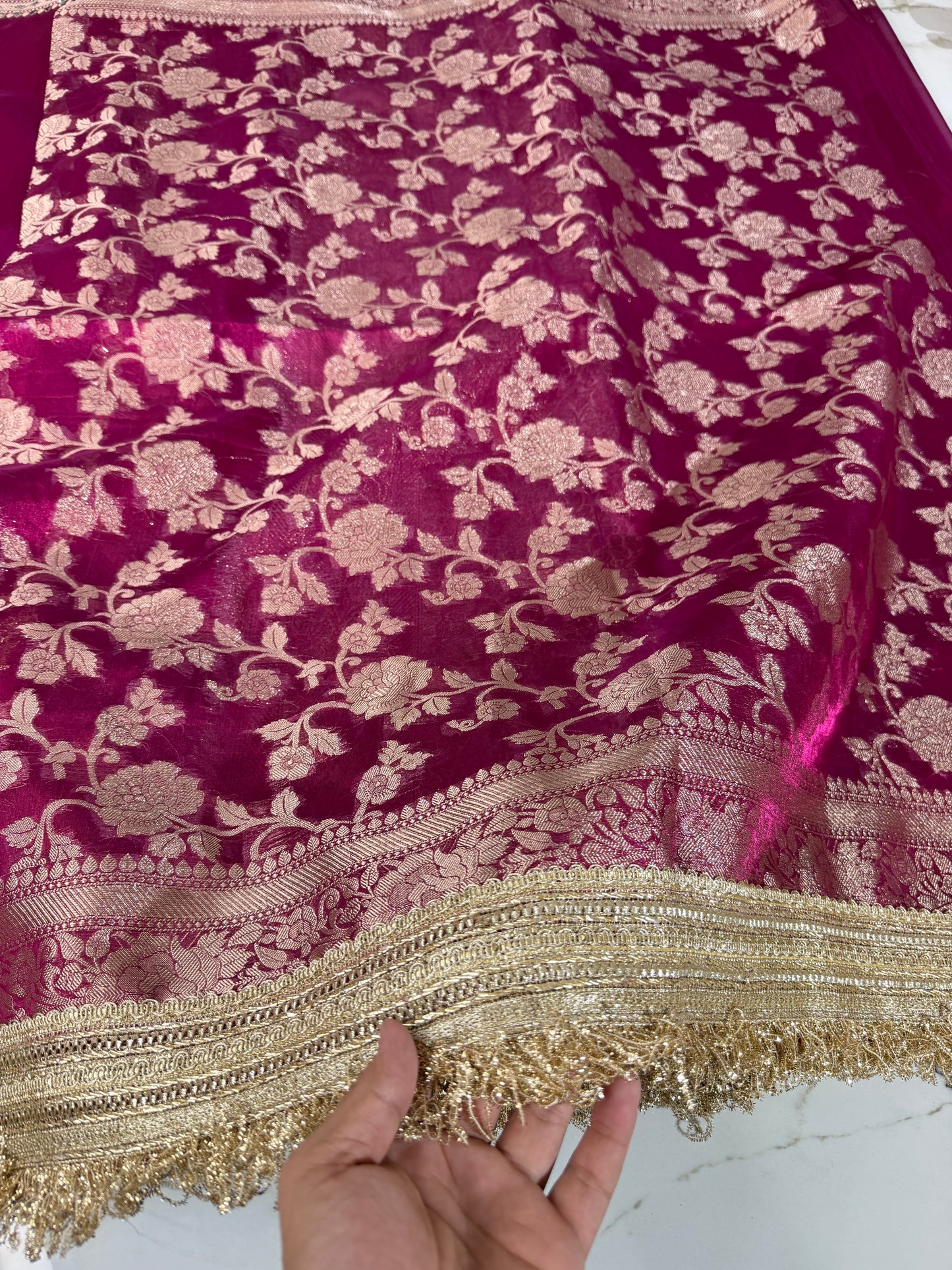 Banarasi Soft Tissue Silk Saree With Mirror And Pearl Work