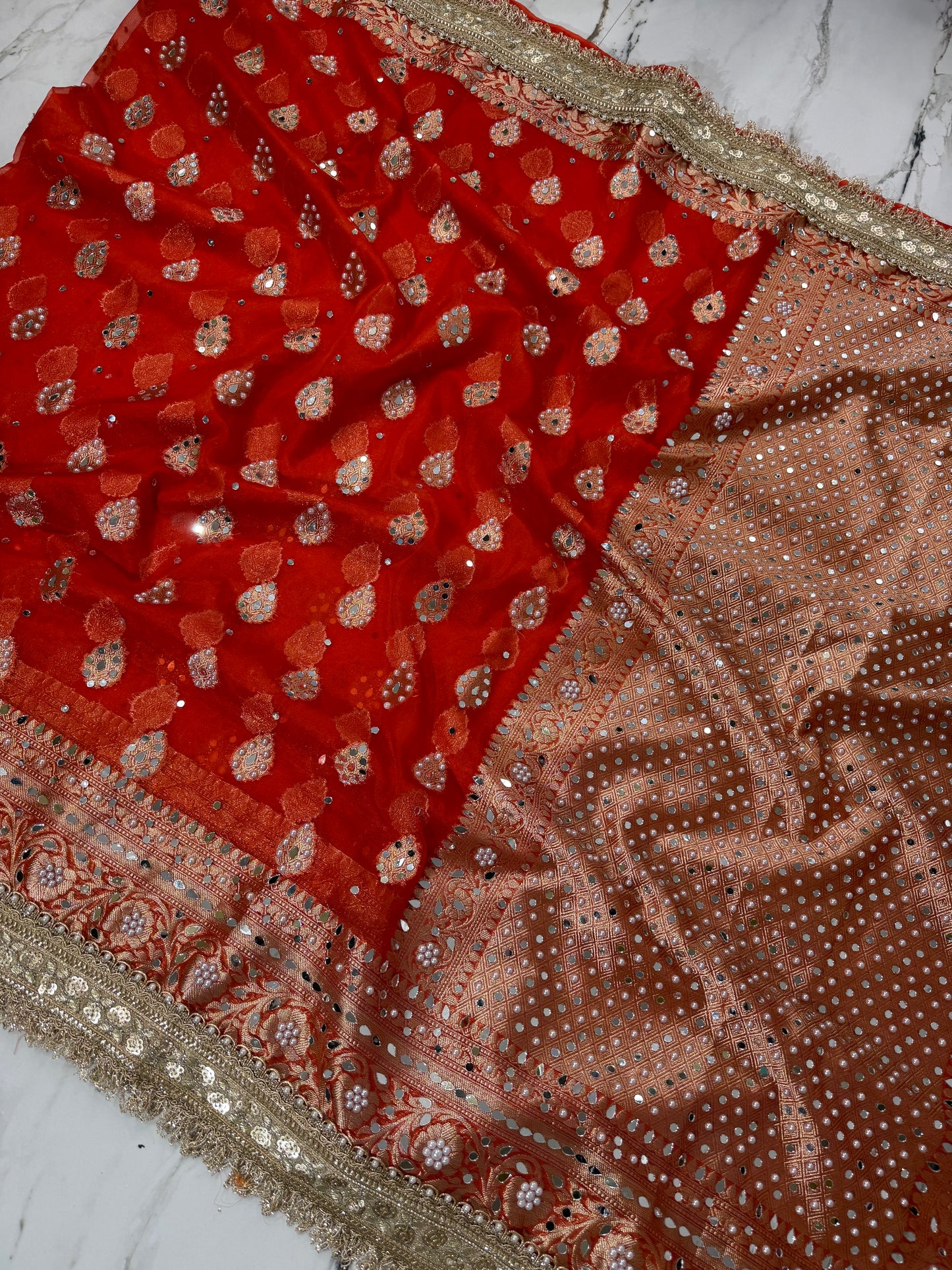 Banarasi Soft Kora Silk Saree With Mirror And Pearl Work