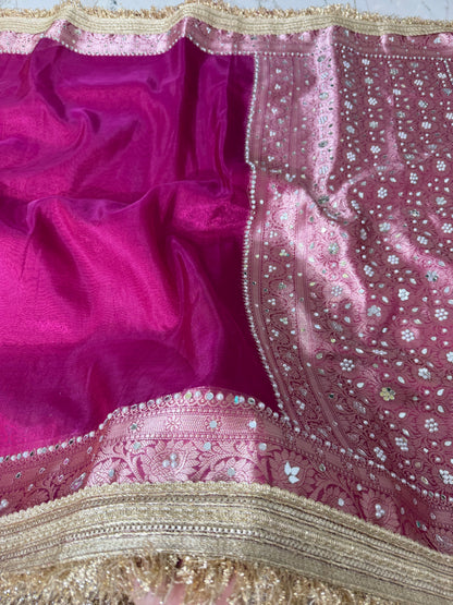 Banarasi Soft Tissue Silk Saree With Mirror And Pearl Work