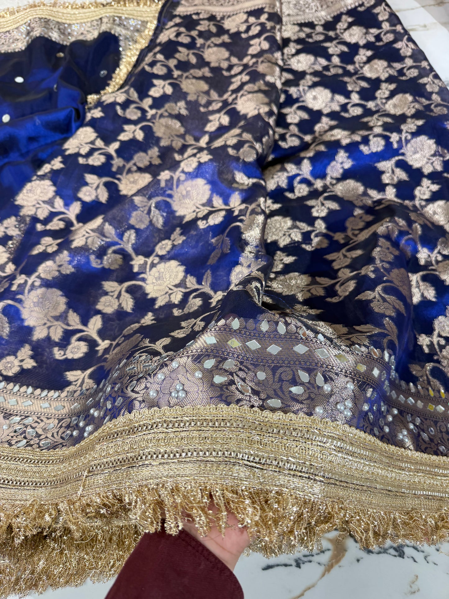 Banarasi Soft Tissue Silk Saree With Mirror And Pearl Work