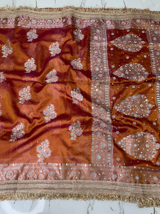 Banarasi Soft Tissue Silk Saree With Mirror And Pearl Work