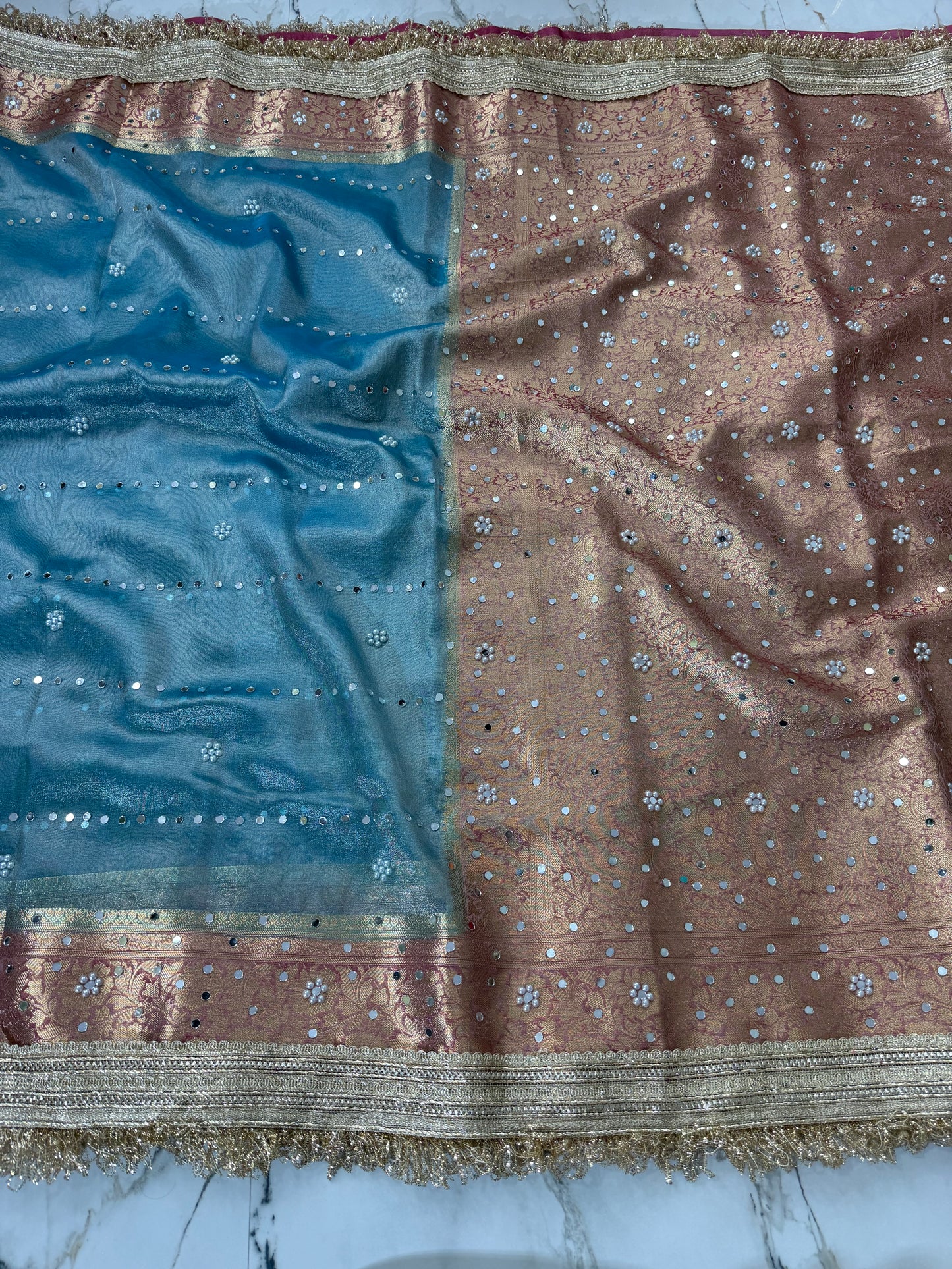 Banarasi Soft Tissue Silk Saree With Mirror And Pearl Work