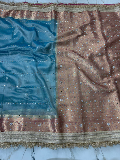 Banarasi Soft Tissue Silk Saree With Mirror And Pearl Work