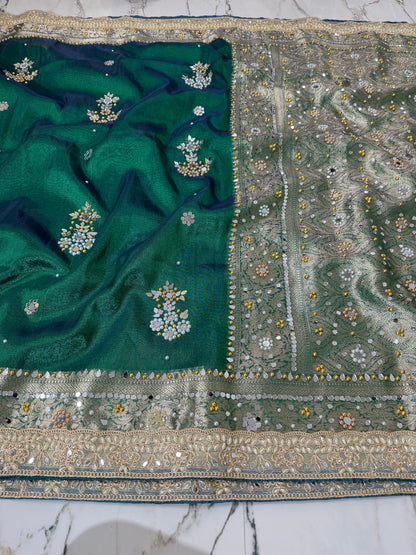 Banarasi Soft Tissue Silk Saree With Mirror And Pearl Work